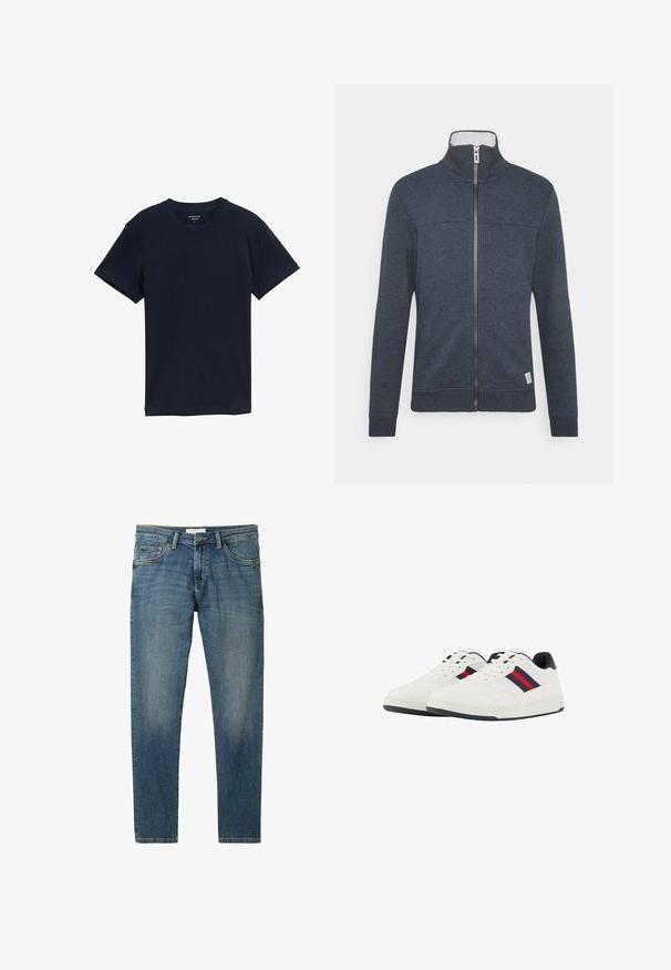 Mørkeblå zip-jakke med høj krave, ribstrikkede manchetter og kant. Lavet af blødt materiale med subtil tekstur og et lille logo nederst.; Marineblå bomulds-T-shirt, kortærmet, rund hals, glat tekstur, enkelt design, uden mønstre eller accenter, lige kant.; Blå denim jeans med en klassisk lige pasform, fem-lomme design, diskret falming og kontraststikning. Glat tekstur og slidstærkt stof.; TOM TAILOR Sneakers - white navy