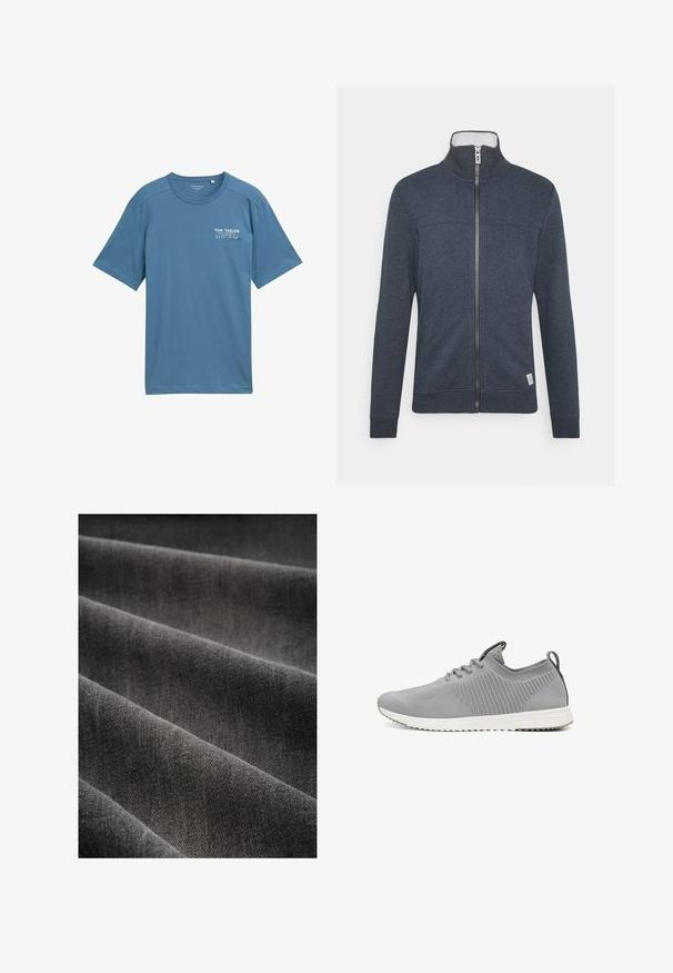 Donkerblauwe zip-up jas met een hoge kraag, ribbels aan de manchetten en de zoom. Gemaakt van een zacht materiaal met een subtiele textuur en een klein logo onderaan.; Blauwe katoenen t-shirt met korte mouwen, ronde halslijn en subtiele geprinte logo op de linkerkant van de borst. Zachte textuur, casual pasvorm.; Donkergrijze stof met een zachte textuur, weergegeven in plooien. De weving is strak, wat een gladde, uniforme oppervlakte laat zien.; Grijze sportieve sneakers met een gestructureerde breiwerk bovenkant, ronde neus, platte witte zool en subtiele branding op de hiel. Veters en een lipje aan de achterkant.