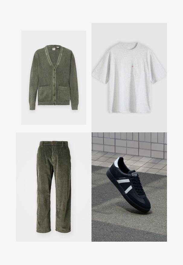 Grüne Strickjacke mit V-Ausschnitt, Knopfverschluss, langen Ärmeln, gerippten Bündchen, Saum und zwei Fronttaschen.; Hellgraues T-Shirt mit kurzen Ärmeln, Rundhalsausschnitt und einer kleinen Brusttasche auf der linken Seite mit rotem Etikett.; Olivgrüne Cordhosen mit vertikalen Rippungen, ausgestattet mit einem Knopfverschluss und einem geraden Schnitt. Weicher Stoff mit klassischer Passform.; Schwarze Leder-Sneaker mit weißen Streifen, strukturiertem Gummisohle und Schnürung. Verfügt über ein Markenetikett auf der Zunge.