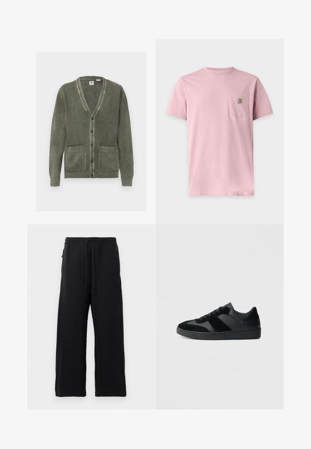 Cárdigan verde de punto con escote en V, cierre de botones, mangas largas, puños y dobladillo acanalados, y dos bolsillos delanteros.; Camiseta rosa lisa de manga corta con un bolsillo en el pecho que muestra un pequeño parche rectangular con el logo de Carhartt.; Pantalones de chándal negros hechos de una tela suave, con cintura elástica ajustable, diseño de pierna ancha y bolsillos laterales con una textura lisa.; Zapatillas negras que combinan cuero liso y ante, con una suela de goma negra texturizada y un sutil detalle de rayas.