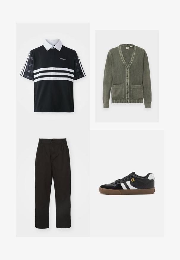 Groen gebreid vest met V-hals, knoopsluiting, lange mouwen, geribbelde manchetten, zoom en twee voorzakken.; Zwarte polo met witte strepen en logo; heeft korte geruite mouwen en een witte kraag met een knoopsluiting.; Zwarte broek van gladde stof, met knoopsluiting, rechte snit en twee voorplooien voor extra detail.; Zwart-witte sneakers met een bovenwerk van suède en leer, voorzien van witte strepen, zwarte veters en een bruine rubberen zool. Gouden logo-accenten.