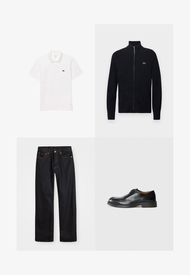Suéter negro con cremallera, cuello y puños acanalados, hecho de material de punto. Cuenta con un pequeño logo verde en el área izquierda del pecho.; Camisa polo blanca de algodón, con un cuello estándar, mangas cortas y un pequeño logo en azul marino en el lado izquierdo del pecho.; Jeans de mezclilla negros de pierna recta para hombre, con cinco bolsillos y costuras en color naranja, cierre de botón y cremallera en la parte delantera de la cintura.; Zapato de vestir de cuero negro con punta redonda, superficie lisa, detalles de cordones y suela de goma texturizada baja. Líneas limpias y diseño minimalista.