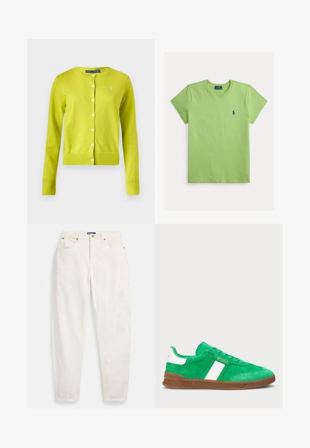 Limegrøn cardigan med lange ærmer, knapper, rund halsudskæring, ribkanter ved manchetter og kant samt lille broderet logo på venstre bryst.; Grøn bomulds-T-shirt med rund hals og korte ærmer. Indeholder et lille blåt logo på venstre bryst. Blød tekstur, afslappet pasform.; Hvide høj-taljede jeans med lige ben, foran knap og lynlås, fem-lommer design og Polo mærkeetiket på linningen.; Grønne ruskindsneakers med en hvid vandret stripe, en brun gummisål og tonede snørebånd. Branding på siden og bagsiden.