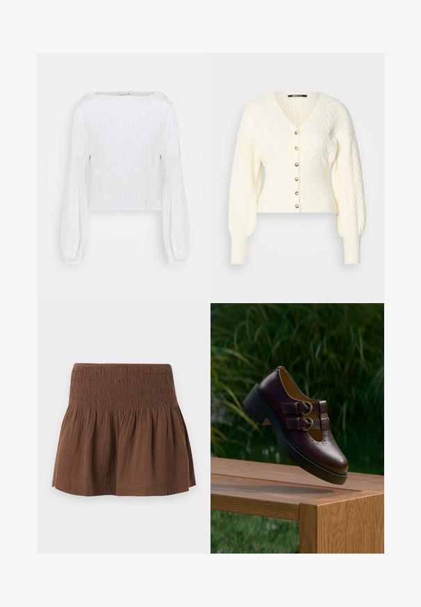 Crème kabelgebreide cardigan met een V-hals, geribbelde onderrand en lange pofmouwen. Beschikt over goudkleurige knopen aan de voorkant en een gestructureerde stof.; Witte blouse met lange mouwen, een geplooid lijfje en pofmouwen die bij de polsen zijn samengepakt, afgebeeld op een effen achtergrond.; Bruine minirok met een gerimpelde elastische tailleband en geplooide stof eronder, gemaakt van lichtgewicht gestructureerd materiaal.; Donkerbruine leren schoen met dubbele gespbanden, geperforeerde details en dikke zwarte zool, hangend boven een houten tafel buiten.