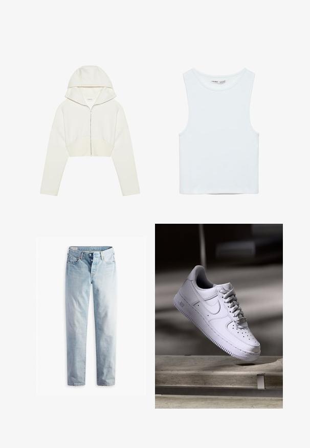 Hvid cropped zip-hoodie med hætte, blødt stof, lange ærmer og en sømdetalje foran. Glat tekstur og metallisk lynlås.; Hvid ærmeløs crop top med rund halsudskæring, lavet af glat stof, mærket Pull&Bear, egnet til afslappet brug.; Lyseblå denimjeans med lige ben, fem lommer og metal-knapper i en standard livvidde.; Hvid Nike Air Force 1 sneaker svævende over en betonoverflade med skygger i et minimalistisk miljø.