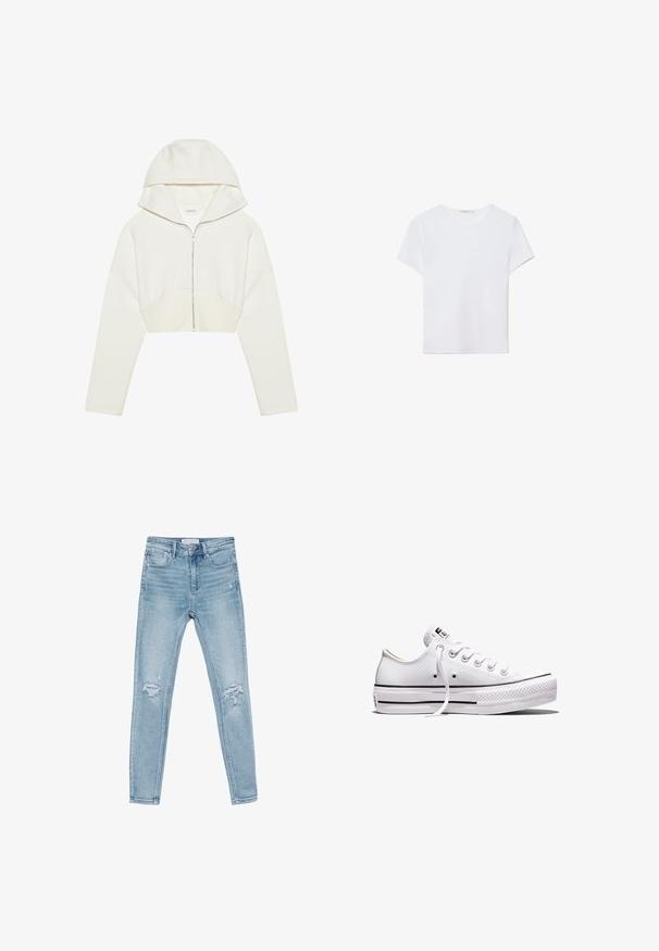 Hvid cropped zip-hoodie med hætte, blødt stof, lange ærmer og en sømdetalje foran. Glat tekstur og metallisk lynlås.; Hvid kortærmet t-shirt lavet af blødt stof. Har en rund halsudskæring og et simpelt, rent design med en lige underkant.; Lysblå denim skinny jeans med høj talje, der har slidte knædetaljer og et klassisk fem-lomme design.; Lavtop hvid lærredsneaker med hvide snørebånd, gummisål, sorte stribedetaljer og logo-patch på tungen og hælen.
