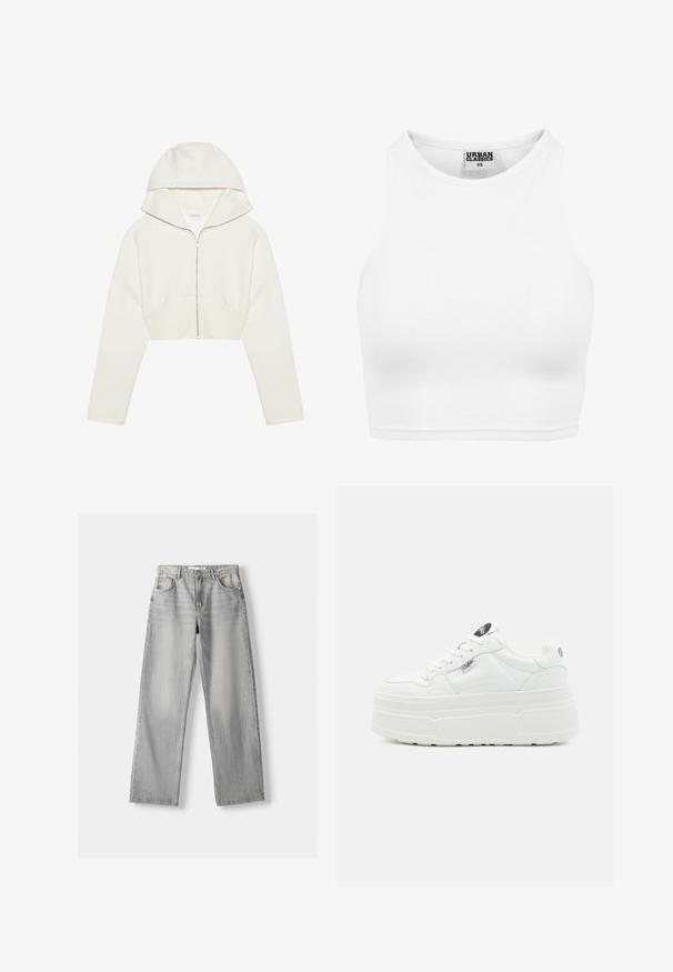 Hvid cropped zip-hoodie med hætte, blødt stof, lange ærmer og en sømdetalje foran. Glat tekstur og metallisk lynlås.; Hvid ribbet cropped tanktop med høj halsudskæring og "Urban Classics XS" label inde i kraven.; Lys grå denim jeans med lige pasform, der har to frontlommer, en knappelukning og diskrete slidser for tekstur.; Hvide platform sneakers med en glat syntetisk overflade, rund tå, polstret krave og tekstureret sål. Har et kontrasterende logo-tag.