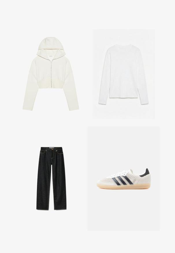 Hvid cropped zip-hoodie med hætte, blødt stof, lange ærmer og en sømdetalje foran. Glat tekstur og metallisk lynlås.; Helt hvid langærmet t-shirt med rund hals lagt fladt på en hvid overflade, der viser fronten og hele ærmelængden.; Mørke denim jeans med lige snit, messingknaplukning og kontrasterende gul syninger. Har fem lommer og et klassisk fit.; Hvide mesh-sneakers med sort tre-stribet design, rundet tå og gummisål. Har blød hælkant og snørelukning.