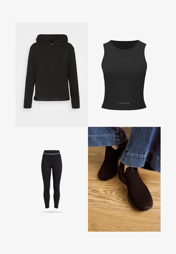 Sudadera negra con cremallera, capucha, mangas largas, bolsillos frontales y una banda negra brillante en la parte inferior, fabricada con un material textil suave.; Carlheim SERENITA TANK ACTIVE - Top - black; Leggings deportivos negros de cintura alta con una banda gris en la cintura con el logo de Calvin Klein en la parte delantera.; Zapatos negros sin cordones con parte superior de punto texturizado y abertura elástica. Tienen una forma de puntera redondeada y una suela baja con amortiguación, usados con un dobladillo de mezclilla.