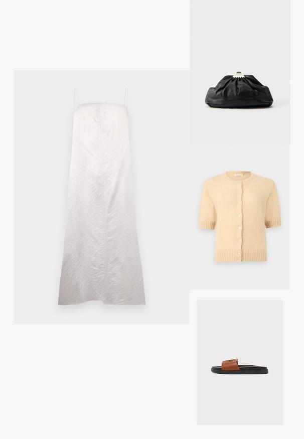 Beige kurzärmelige Strickjacke mit rundem Ausschnitt, gerippten Bündchen und Saum sowie einer vorderen Reihe kleiner runder Knöpfe.; Weißes, ärmelloses Kleid mit gerader Silhouette, aus leicht strukturiertem Stoff gefertigt, mit einer Mittelnaht und minimalen Trägern.; Ein einzelner brauner Lederslidesandalette mit schwarzer Sohle, flachem Absatz und breitem Riemen über dem Fußrücken, von der Seite vor weißem Hintergrund gezeigt.; Schwarze Leder-Clutch mit geraffter Textur, Metallverschluss und dezentem, auf der Vorderseite geprägtem Logo. Abgerundete Form.