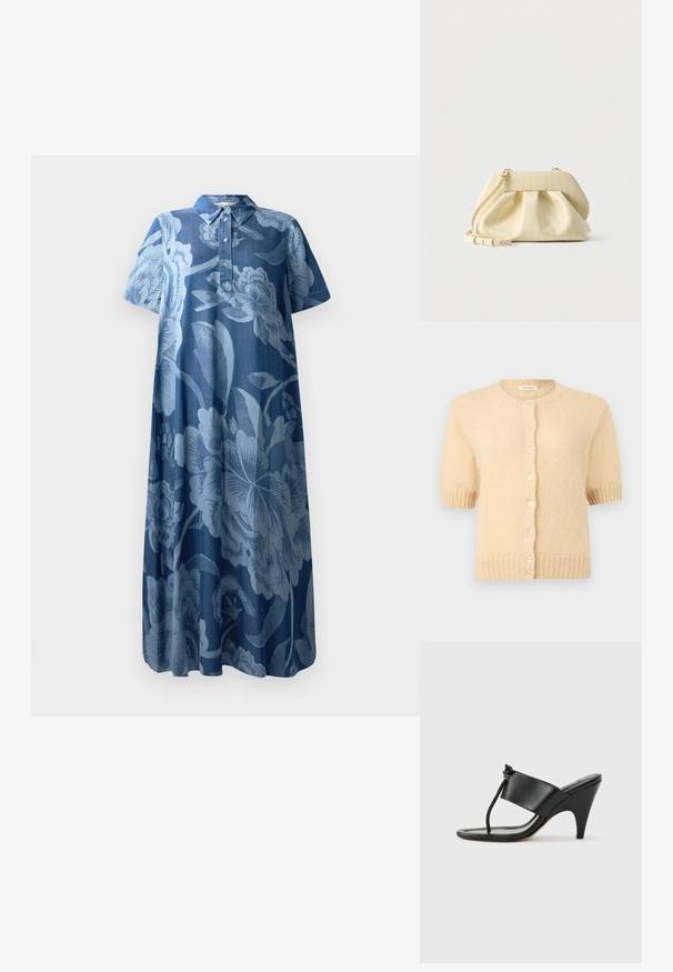 Beige lyhythihainen neulejakku, jossa pyöreä pääntie, resorit hihansuissa ja helmassa sekä etuosassa rivi pieniä pyöreitä nappeja.; Denimmekko lyhyillä hihoilla, vaaleansininen kukkakuosi ja kauluspääntie. Varustettu napituslistalla ja rentolla, valuvalle muodolle.; Musta korkokengän sandaali leveällä etuosan remmillä ja varpaan lenkillä, jossa on solmittu narudetaili, esitetty sivuprofiilista valkoisella taustalla.; Pieni vaaleankeltainen nahkainen käsilaukku, jossa on kerrostettu etupuoli, kullanväriset metalliosat ja säädettävä olkahihna valkoisella taustalla.