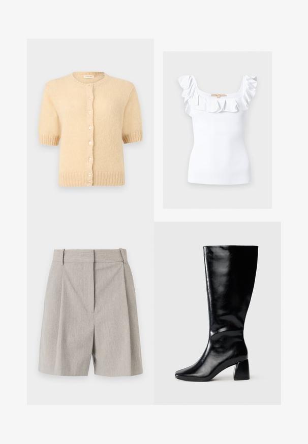 Beige kortærmet strikket cardigan med rund halsudskæring, ribstrikkede manchetter og kant samt en række små runde knapper foran.; Hvid ærmeløs ribbet top med firkantet halsudskæring og flæsekanter langs skuldre og bryst.; By Malene Birger POVILLE - Shorts - grey brown; Sort knæhøj læderstøvle med firkantet blokhæl og let spids tå, vist fra siden på en neutral baggrund.