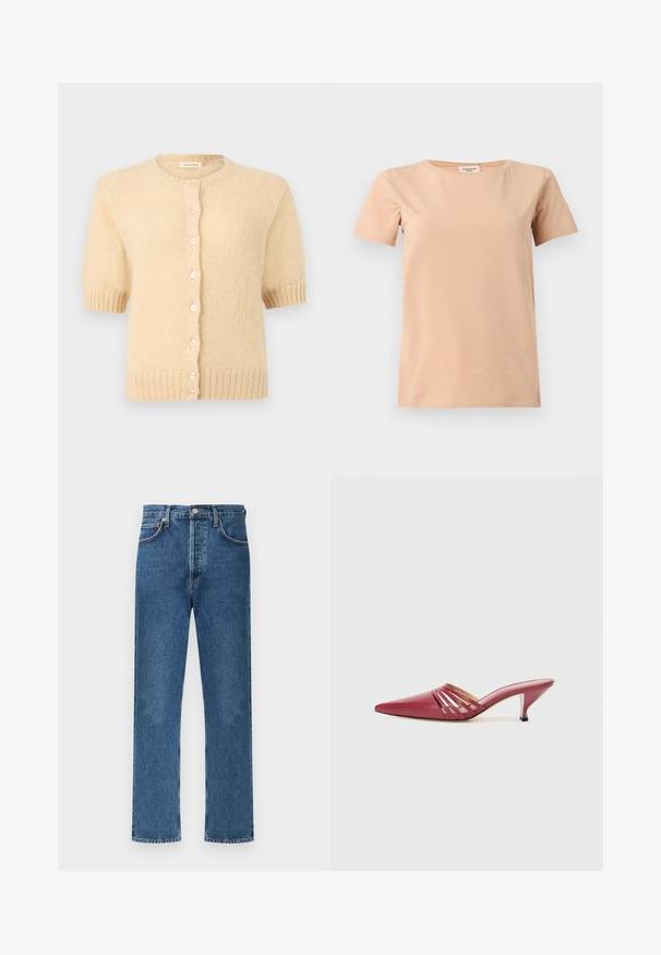 Beige kortærmet strikket cardigan med rund halsudskæring, ribstrikkede manchetter og kant samt en række små runde knapper foran.; Beige kortærmet T-shirt med rund halsudskæring og lige kant på en ensfarvet lysegrå baggrund.; Blå denimjeans med lige snit, der har et klassisk fem-lomme-design, synlig knapgylp og subtile syningsdetaljer.; Røde lædermules med spids tå og lav hæl, med udskårne sideaccenter og en glat tekstur. Slankt og strømlinet design.