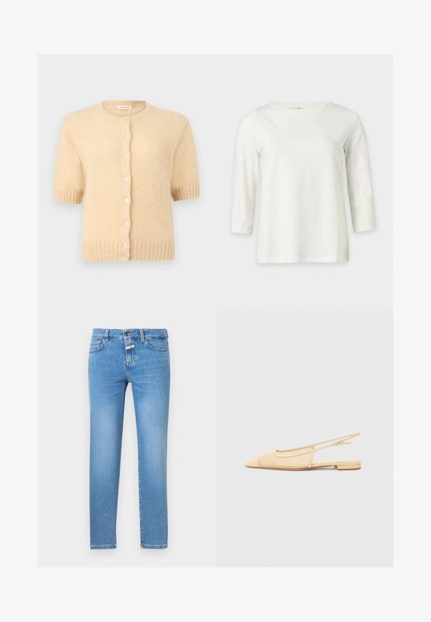 Cardigan beige à manches courtes en tricot avec encolure ronde, poignets et ourlet côtelés, et une rangée de petits boutons ronds à l'avant.; Chemise blanche à manches longues avec un col rond, présentée sur un fond clair uni.; Jean slim bleu clair avec bouton et fermeture éclair à l'avant, design à cinq poches et légère décoloration sur les cuisses et les genoux.; Chaussure plate slingback en beige clair avec une tige en maille, un bout pointu et un petit talon. Dotée d'une sangle ajustable pour un bon maintien.