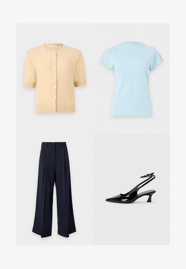 Cardigan beige à manches courtes en tricot avec encolure ronde, poignets et ourlet côtelés, et une rangée de petits boutons ronds à l'avant.; T-shirt bleu clair à manches courtes et col rond, présenté à plat sans logos ni motifs visibles sur un fond blanc uni.; Pantalon large bleu marine avec plis sur le devant, passants pour ceinture et fermeture avant dissimulée.; Escarpins à brides arrière en cuir verni noir, à bout pointu, avec un petit talon carré et une sangle de cheville ajustable dotée d'une boucle dorée.