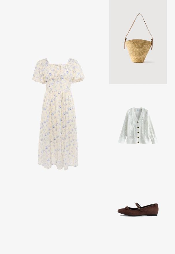 Hvid strikket cardigan med kabelmønstre, V-hals, lange ærmer og fem mørkebrune knapper foran.; Lysegul midi-kjole med blåt blomsterprint, puffede ærmer, firkantet halsudskæring og bindedetalje ved brystet.; Brune suedette ballet flats med rund tå, lille sløjfedetail på fronten og en justerbar rem med en sølvspænde. Lav hæl.; Flettet stråtaske med bred bund, smal top og justerbar brun læder skulderrem.