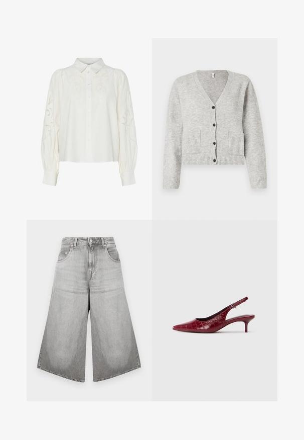 Cardigan gris de mezcla de lana con escote en V, puños acanalados y dos bolsillos frontales, que cuenta con seis botones negros en el delantero.; Camisa blanca de botones con estampados florales bordados en el frente y las mangas. Cuenta con mangas abullonadas y un cuello clásico.; Pantalones cortos de mezclilla anchos en gris con una cintura alta, que presentan un cierre de botón y cremallera, presillas para cinturón, dos bolsillos frontales y un acabado desgastado.; Zapato de tacón tipo slingback de cuero burdeos con textura de cocodrilo, punta afilada, correa ajustable con hebilla y tacón bajo tipo kitten sobre un fondo blanco.