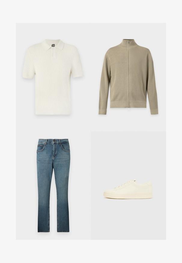 Pull zippé en maille côtelée beige avec manches longues et col montant court, présenté sur un fond uni clair.; BOSS AKOPPO - Polo - open yellow; Jean en denim bleu coupe droite avec bouton frontal, fermeture éclair, passants pour ceinture et cinq poches, présenté sur un fond uni.; Baskets couleur crème avec une tige en cuir lisse, bout arrondi, laçage à l'avant et semelle en caoutchouc texturée. Design minimaliste, sans logo.