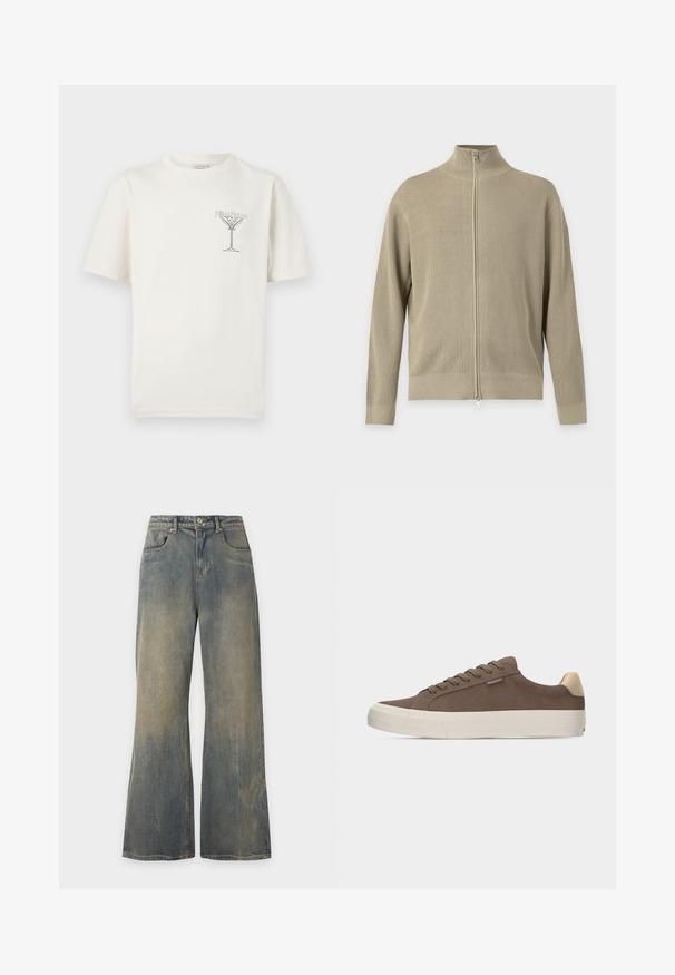 Pull zippé en maille côtelée beige avec manches longues et col montant court, présenté sur un fond uni clair.; T-shirt en coton couleur crème avec manches courtes, col rond, et un design graphique avec un texte stylisé et un motif d'arbre abstrait.; Jean bleu délavé à jambes larges avec poches avant et passants de ceinture, présenté sur un fond clair uni.; Baskets basses marron avec languette de talon beige, semelle épaisse blanche et lacets marron assortis sur un fond uni.