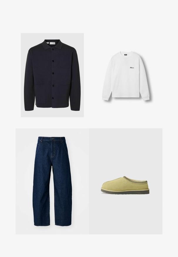 Selected SLHMIKE LIGHT LS KNIT RELAXED POLO CARDI - Gilet - sky captain; T-shirt blanc à manches longues et col rond avec logo noir cursif "Buroco" sur la poitrine gauche, présenté sur un fond clair uni.; Jean en denim foncé à jambes larges et taille haute, avec cinq poches, fermeture à l'avant par bouton et détails de couture visibles.; UGG TASMAN II - Chaussons - muted brass/magnolia leaf