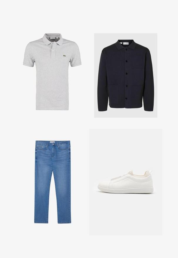 Selected SLHMIKE LIGHT LS KNIT RELAXED POLO CARDI - Gilet - sky captain; Polo shirt gris clair fabriqué à partir d'un tissu doux, avec un col classique, des manches courtes et un logo Lacoste vert sur la poitrine.; Jeans en denim bleu clair avec une coupe droite, design à cinq poches, décoloration subtile et accents en métal au niveau de la taille et des poches.; Baskets blanches à enfiler avec une tige en cuir texturé, des panneaux latéraux élastiques et une semelle en caoutchouc. Design minimaliste sans marquage visible.