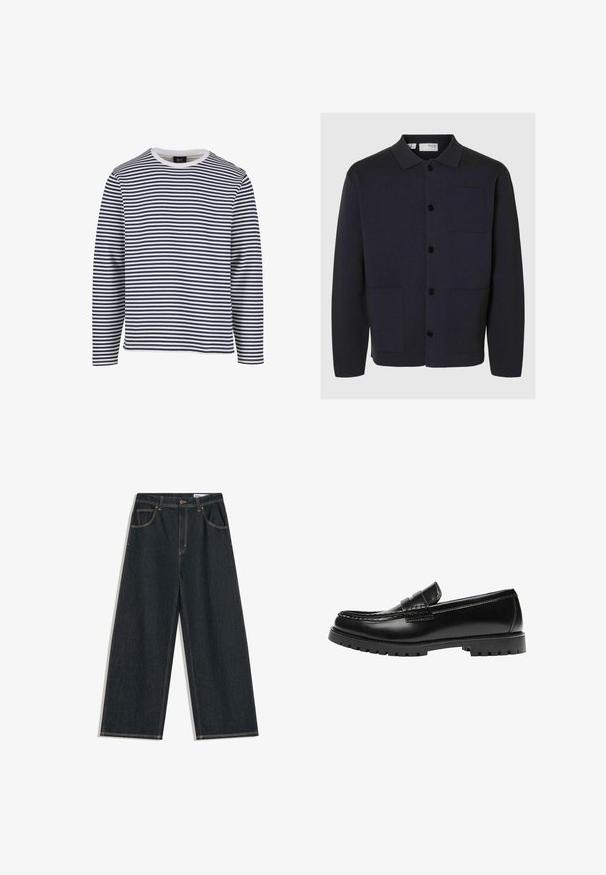 Selected SLHMIKE LIGHT LS KNIT RELAXED POLO CARDI - Strickjacke - sky captain; Langarmshirt mit navyblauen und weißen horizontalen Streifen, rundem Ausschnitt, aus Baumwollmaterial und mit lockerer Passform.; Dunkelblaue Jeans mit weitem Bein, vorn mit Knopf, Reißverschluss und Fünf-Taschen-Design, mit sichtbaren gelben Nähten.; Schwarzer Leder-Slipper mit dicker Gummisohle und klassischem Penny-Detail an der Riemen, von der Außenseite gezeigt.