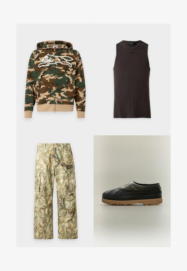 Icecream RUNNING DOG WOODLAND CAMO ZIP THROUGH HOOD - Φούτερ με φερμουάρ - multi; Σκούρο καφέ αμάνικο ριμπ τοπ με στρογγυλή λαιμόκοψη και μικρό μαύρο λογότυπο στο στήθος, τοποθετημένο επίπεδο σε λευκό φόντο.; Ψηλόμεσα cargo παντελόνια καμουφλάζ σε γήινες αποχρώσεις με σχέδιο φύλλων και δέντρων. Διαθέτουν πολλαπλές τσέπες και άνετη, χαλαρή εφαρμογή. Ανθεκτικό ύφασμα.; Αδιάβροχο μαύρο παπούτσι slip-on με καφέ λαστιχένια σόλα και επάνω κολάρο με καμουφλάζ μοτίβο, εμφανιζόμενο σε ουδέτερο φόντο.