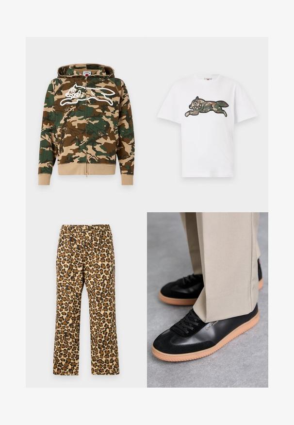 Icecream RUNNING DOG WOODLAND CAMO ZIP THROUGH HOOD - Sweat zippé - multi; Icecream CAMO RUNNING DOG WOODLAND - T-shirt imprimé - white; Pantalons en imprimé léopard dans des teintes de beige, marron et noir. Dotés d'une taille élastique et d'un design décontracté à jambe droite. Tissu léger.; Paul Smith COMO - Baskets basses - black