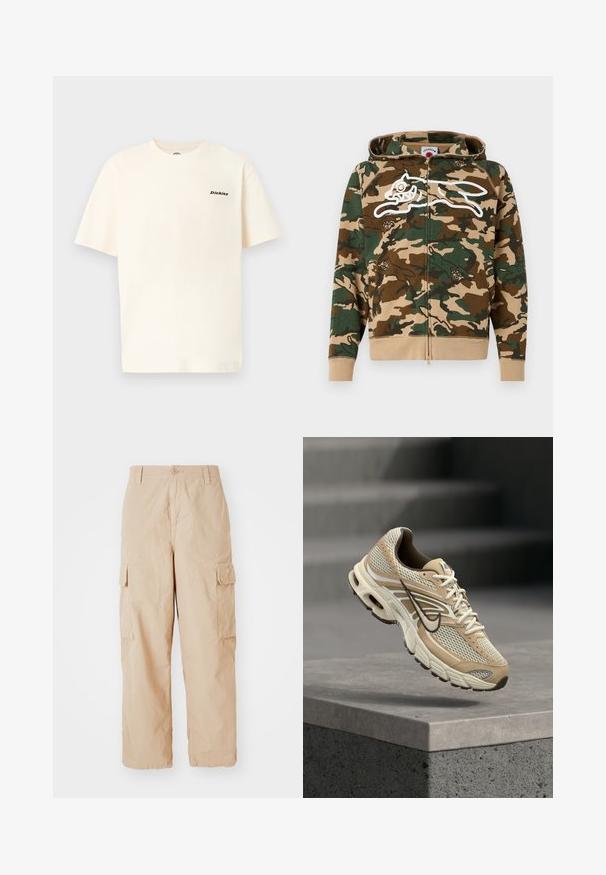 Icecream RUNNING DOG WOODLAND CAMO ZIP THROUGH HOOD - Φούτερ με φερμουάρ - multi; Μπεζ βαμβακερό T-shirt με κοντά μανίκια, που διαθέτει μικρό μαύρο λογότυπο "Dickies" στην αριστερή πλευρά του στήθους. Απλή, άνετη εφαρμογή.; Μπεζ cargo παντελόνια με χαλαρή εφαρμογή, κατασκευασμένα από ελαφρύ ύφασμα, με δύο πλαϊνές τσέπες cargo και κουμπί στη μέση.; Μπεζ και λευκό παπούτσι τρεξίματος Nike με πλέγματα και μαύρο λογότυπο Swoosh, να αιωρείται πάνω από μια τσιμεντένια άκρη με θολά σκαλοπάτια στο φόντο.
