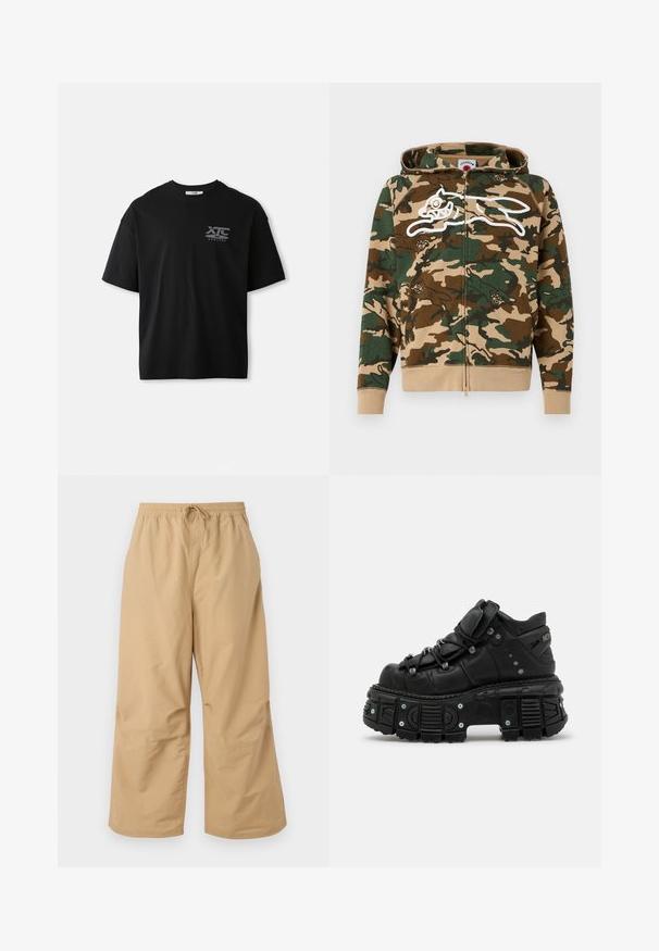 Icecream RUNNING DOG WOODLAND CAMO ZIP THROUGH HOOD - Sweatjakke - multi; Sort kortærmet bomulds T-shirt med rund hals og en hvid logo "XTC VERTERE" på venstre brystområde. Glat tekstur.; Beige vide ben bukser lavet af letvægtsstof med en elastisk talje og snøre samt syede detaljer nær kanten.; Sorte læder høj-top sneakers med en tykk gummisål, snørebåndsdesign, polstret krave og metal accenter. Har en mønstret sål for godt greb.