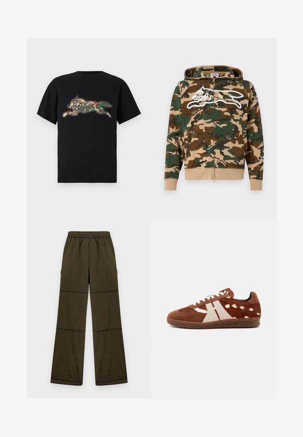Icecream RUNNING DOG WOODLAND CAMO ZIP THROUGH HOOD - Φούτερ με φερμουάρ - multi; Icecream CAMO RUNNING DOG WOODLAND - Μπλουζάκι με στάμπα - black; Φαρδιά σκούρα χακί παντελόνια με ελαστική μέση, ορατές ραφές και πλαϊνές τσέπες, εμφανίζονται σε απλό ανοιχτό φόντο.; Καφέ και λευκό sneaker χαμηλού προφίλ με λευκά κορδόνια, μπεζ πλευρικές ρίγες και υφασμένο καφέ λαστιχένιο πέλμα.