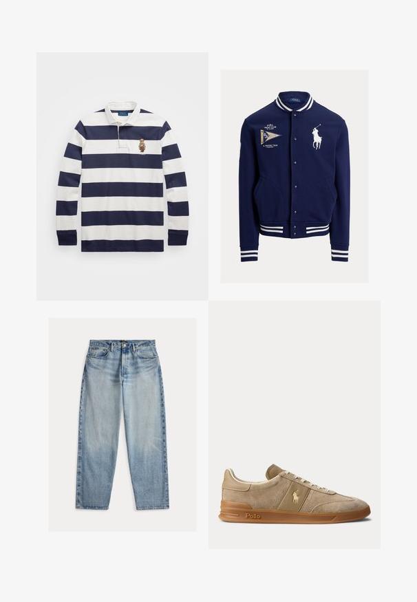 Marineblaue Collegejacke mit weiß gestreiftem Kragen und Bündchen, Fronttaschen, besticktem Polo-Spieler-Logo und Yachtclub-Schriftzug mit Wimpel-Aufnäher.; Polo Ralph Lauren CLASSIC FIT POLO BEAR RUGBY SHIRT - Langarmshirt - blu; Hellblaue Jeans aus Denim mit lockerem Schnitt. Sie haben eine hohe Taille, fünf Taschen und sichtbare Nähte. Die Oberfläche ist leicht strukturiert.; Beiger Wildleder- und Leder-Low-Top-Sneaker mit Gummisohle, weißen Schnürsenkeln und Polo-Logo an der Seite und an der Sohle.