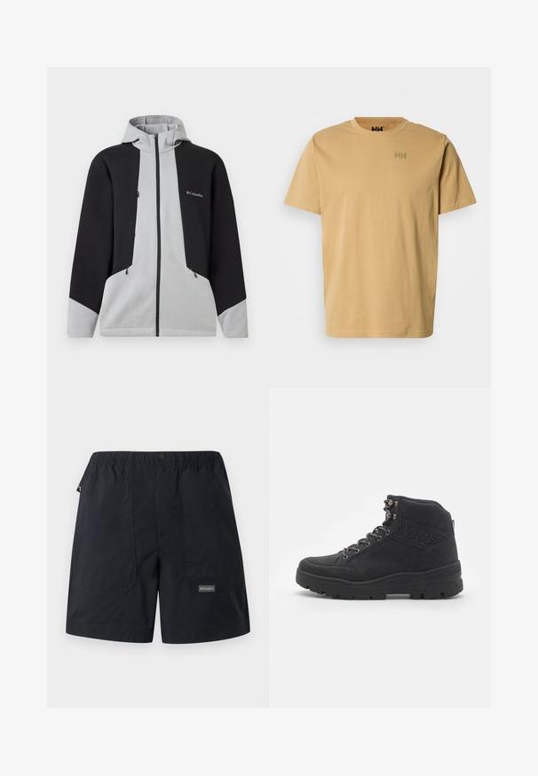 Herren-Columbia-Kapuzenjacke mit Reißverschluss, schwarz und hellgraue Farbfelder, vorderer Reißverschluss, Kapuze sowie Reißverschlusstaschen an der Brust und den Seiten.; Helles beige Baumwoll-T-Shirt mit rundem Halsausschnitt, kurzen Ärmeln und einem kleinen, ton-in-ton Logo auf der Brust. Glatte Textur.; Schwarze leichte Shorts mit elastischem Bund, Vorderentaschen, Knopfverschluss und kleinem Columbia-Logo am unteren rechten Bein.; Schwarze Stiefeletten bis zur Mitte des Knöchels aus Wildleder. Mit metallischen Ösen, Schnürsenkeln und einer strukturierten Gummisohle mit verstärktem Absatz.