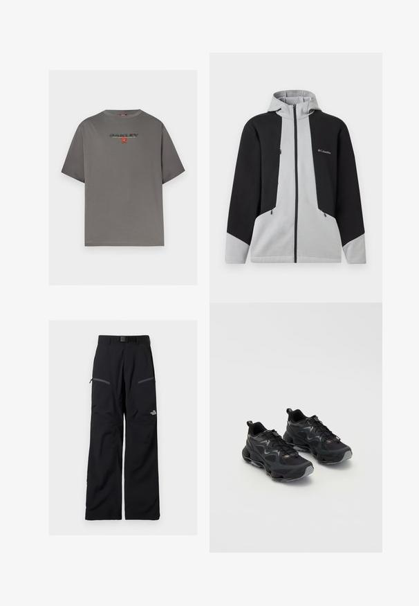 Sweat à capuche zippé pour homme de Columbia avec blocs de couleur noir et gris clair, fermeture éclair avant, capuche, et poches poitrine et latérales zippées.; T-shirt gris à manches courtes avec le logo "OAKLEY" et un petit graphisme rouge centré sur la poitrine, présenté sur un fond blanc uni.; Pantalon de plein air noir avec ceinture ajustable, deux poches cuisses zippées et le logo The North Face sur la jambe droite.; Chaussures de sport noires avec une tige en maille texturée, dotées d'une semelle épaisse, d'un système de laçage et de subtils accents gris.