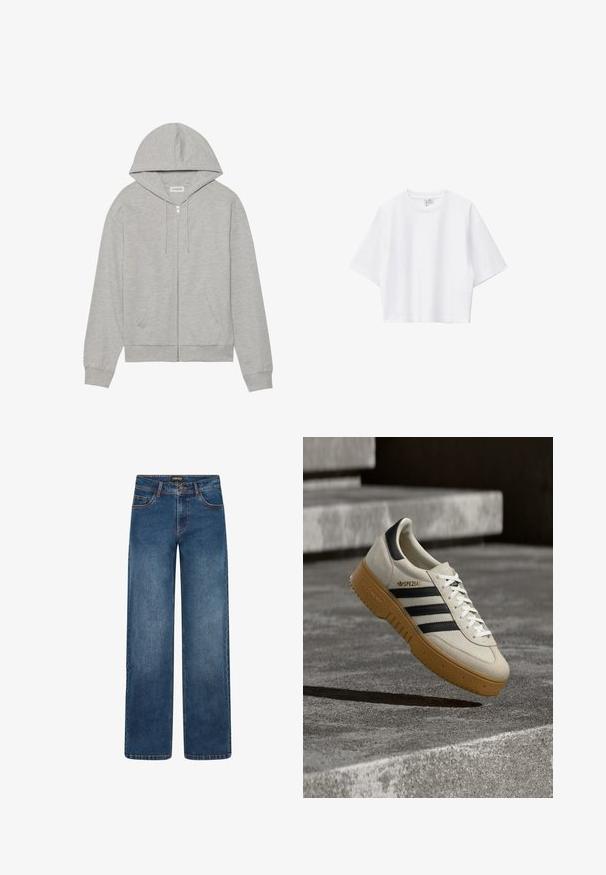 Sudadera con cremallera gris hecha de tela suave, con una capucha amplia, dos bolsillos frontales y puños y dobladillo acanalados.; Camiseta blanca corta hecha de algodón suave con cuello redondo, mangas cortas y un ajuste holgado. Diseño simple y versátil.; Vaqueros de pierna ancha en lavado azul medio. Cuentan con cinco bolsillos, cierre de botón y cremallera, y costuras doblemente reforzadas. Tejido duradero.; Zapatilla deportiva de ante beige con rayas negras, cordones blancos y suela de goma color caramelo. Presenta la marca "SPEZIAL" en el lateral.