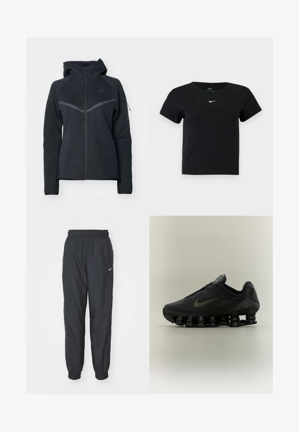Schwarze Zip-Hoodie mit hohem Kragen, kontrastierenden grauen Akzenten und einer seitlichen Reißverschlusstasche. Hergestellt aus weichem Fleece-Material mit taillierter Passform.; Schwarzes, geripptes T-Shirt mit kurzen Ärmeln, das ein kleines weißes Nike-Logo auf der Brust und einen runden Halsausschnitt hat.; Schwarze Nike Jogginghosen aus leichtem Material, mit elastischem Bund und Bündchen, versehen mit einem kleinen weißen Logo am linken Bein.; Schwarzer Nike-Sneaker mit einem Reißverschluss am Obermaterial und markanter federähnlich segmentierter Sohle, im Seitenprofil vor neutralem Hintergrund dargestellt.