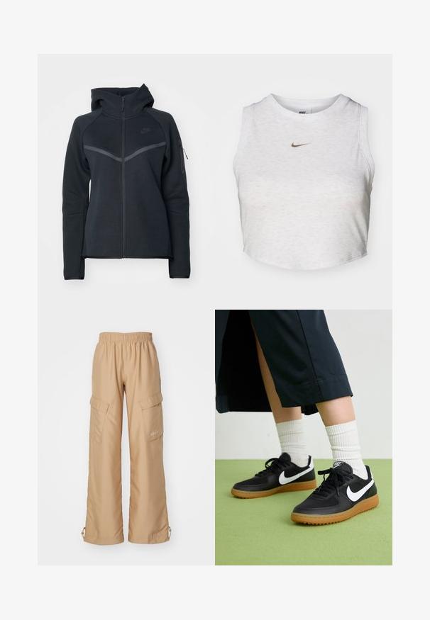 Zwarte zip-up hoodie met een hoge kraag, contrasterende grijze accenten en een zijzak met rits. Gemaakt van zachte fleece met een getailleerd ontwerp.; Witte crop top van zacht, textuurachtig stof. Heeft een ronde hals en een mouwloos ontwerp met een klein gouden Nike-logo aan de voorkant.; Nike Sportswear TREND - Cargobroek - hemp; Zwarte leren en synthetische sneakers met witte Nike swoosh, rubberen gumzool, ronde neus en zwarte veters. Geribbelde witte sokken zichtbaar.
