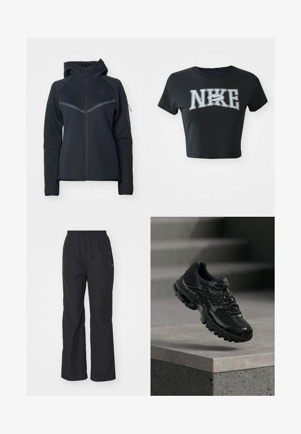 Čierna mikina na zips s vysokým golierom, kontrastnými šedými akcentmi a bočnou zipsovou kapsou. Vyrobená z mäkkého fleece materiálu s prispôsobeným strihom.; Čierne skrátené tričko z mäkkej tkaniny s okrúhlym výstrihom. Na prednej strane sa nachádza veľké biele logo Nike v tučnom písmene.; Čierne, ľahké nohavice s elastickým pásom a šnúrkou. Majú textúrovaný povrch a malú reflexnú nášivku na boku.; Čierna bežecká topánka Nike s sieťovinovou a syntetickou vrchnou časťou vznášajúca sa nad betónovým povrchom a schodíkmi v pozadí.