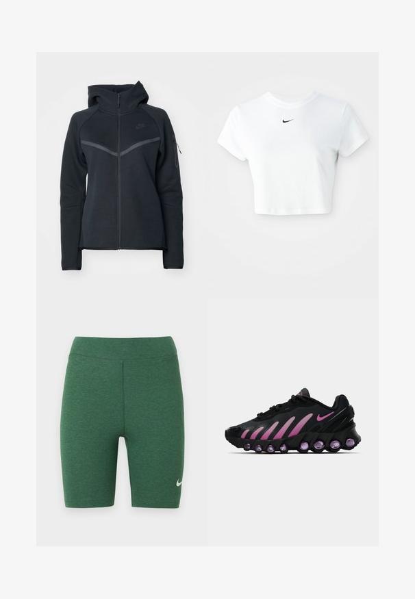 Zwarte zip-up hoodie met een hoge kraag, contrasterende grijze accenten en een zijzak met rits. Gemaakt van zachte fleece met een getailleerd ontwerp.; Witte cropped T-shirt van katoen, met korte mouwen en een ronde halslijn, voorzien van een zwart Nike-logo op de borst.; Groene sportshorts gemaakt van stretchstof. Hoog tailleontwerp met platte naden en een wit Nike-logo op het onderste linkerbeen.; Zwarte en roze Nike sneakers met een bovenwerk van mesh, gebogen ontwerp en ronde paarse demping bij de zool en zijkanten.
