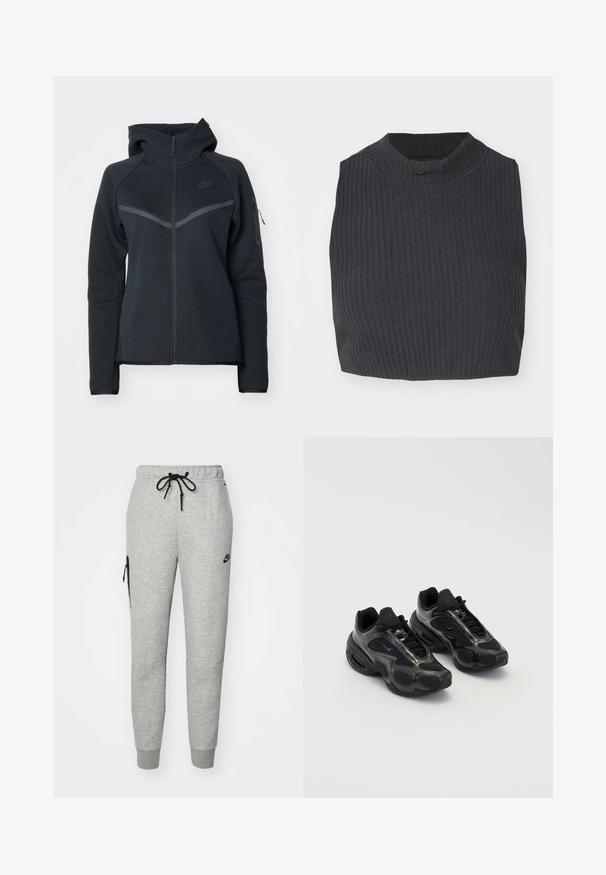 Sudadera con cremallera negra y cuello alto, con acentos en gris contrastante y un bolsillo lateral con cremallera. Fabricada en material de forro polar suave con un diseño ajustado.; Top corto de canalé en azul marino oscuro, con un cuello alto y un sutil logo de Nike. La tela tiene una apariencia texturizada y elástica.; Pantalones de chándal grises de tejido suave con cintura ajustable por cordón, piernas ajustadas y un bolsillo con cremallera en el lado izquierdo. Presenta un logo negro.; Zapatos deportivos negros con material sintético, acentos de malla y suelas redondeadas. Presenta un sistema de cordones y un destacado logo de Nike en la lengüeta.