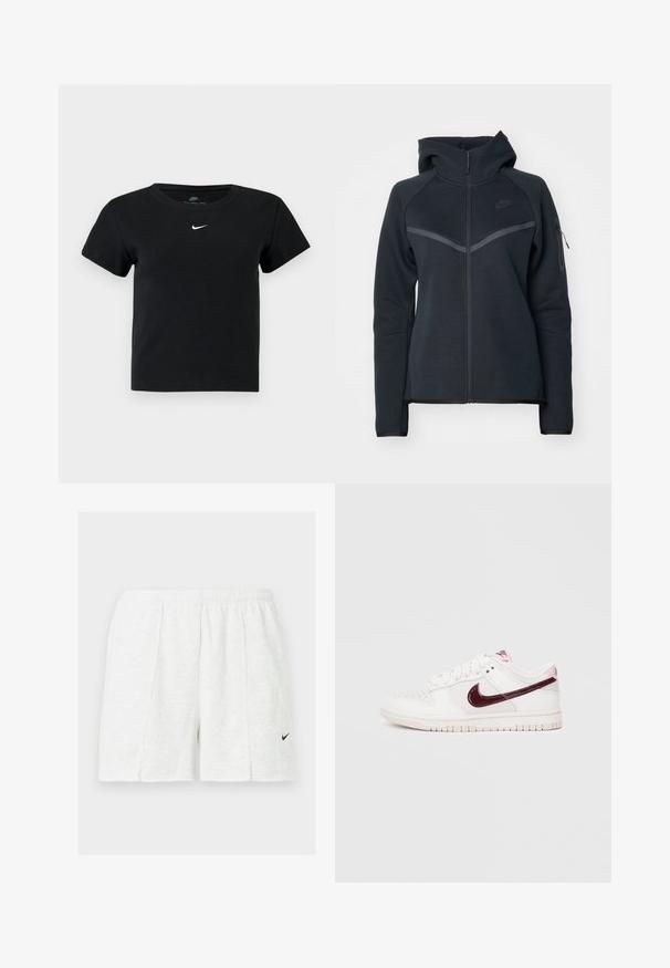 Sort zip-hoodie med høj krave, kontrasterende grå detaljer og en sidelomme med lynlås. Fremstillet af blødt fleece-materiale med en tætsiddende pasform.; Sort ribbet t-shirt med korte ærmer, der har et lille hvidt Nike-logo på brystet og en rund halsudskæring.; Hvide atletikshorts med elastisk taljebånd og sort Nike-swoosh-logo på venstre ben, vist på ensfarvet baggrund.; Hvide sneakers med en struktureret overflade, accentueret af en maroon laklæder swoosh. Har en lys pink hælflap og hvide snørebånd.