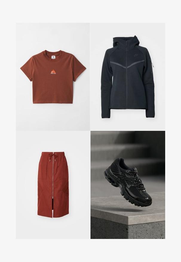 Čierna mikina na zips s vysokým golierom, kontrastnými šedými akcentmi a bočnou zipsovou kapsou. Vyrobená z mäkkého fleece materiálu s prispôsobeným strihom.; Hnedé bavlnené tričko s krátkym rukávom, ktoré má na hrudníku malé oranžové vyšívané logo a klasický okrúhly výstrih.; Sukňa strednej dĺžky v terakotovo červenej farbe, s predným zipsom, elastickým pásom so šnúrkou a bočnými vreckami s geometrickým dizajnom.; Čierna bežecká topánka Nike s sieťovinovou a syntetickou vrchnou časťou vznášajúca sa nad betónovým povrchom a schodíkmi v pozadí.