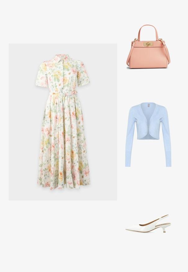 Cardigan court bleu clair en tricot doux. Présente des manches longues et un col scallopé. Sans fermetures.; Robe midi à manches courtes, boutonnée, avec col et ceinture, présentant des motifs floraux jaune pastel, vert et rose sur fond blanc.; Escarpin en cuir verni blanc avec un bout pointu, doté d'un petit talon carré et d'un détail découpé à l'arrière. Texture lisse.; Petit sac à main en cuir rose poudré avec un fermoir rectangulaire doré à tournant, de petites poignées et une bandoulière amovible.
