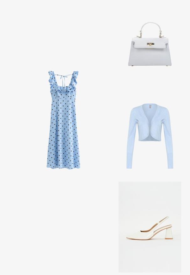 Lichtblauwe geknipte cardigan gemaakt van zacht breiwerk. Heeft lange mouwen en een gegolfde halslijn. Geen sluitingen.; Lichtblauwe mouwloze jurk met zwarte polkadots, gerimpelde halslijn en een strik aan de achterkant van de schouders.; Witte patenten leren slingback schoen met een spitse neus en een geometrische blokhak. Het interieur heeft een tan kleurige inlegzool en minimale zijsnedes.; ESTRO Handtas - white