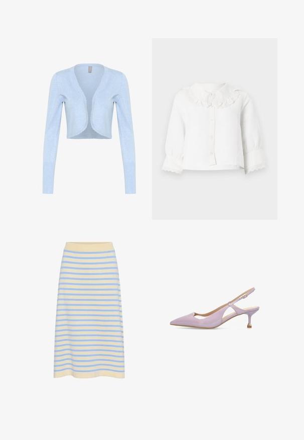 Cardigan court bleu clair en tricot doux. Présente des manches longues et un col scallopé. Sans fermetures.; Blouse blanche à manches longues pour bébé avec col et poignets en dentelle festonnée, fermeture à boutons sur le devant et manches légèrement froncées.; Jupe midi à rayures en coton doux avec une base jaune clair et des rayures horizontales bleues. Elle dispose d'une taille élastique côtelée.; Escarpin slingback en cuir verni lavande avec bout pointu, bride à boucle réglable et talon stiletto moyen fin orné de détails métalliques.