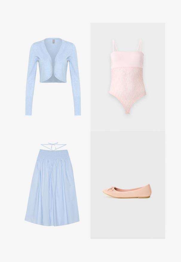 Lyseblå cropped cardigan lavet af blødt strikstof. Har lange ærmer og en scalloped halsudskæring. Uden lukninger.; Lyserød blondebody med spaghettistropper og en glat topsektion mod en ensfarvet lys baggrund.; Lyseblå bomuldsnederdel med smocket talje, flydende silhuet, brede folder og tynde bindebånd i ryggen for justerbar pasform.; Ballet flade sko i lys pink syntetisk materiale med en rund tå, der har en lille sløjfedetalje og en fleksibel sål.