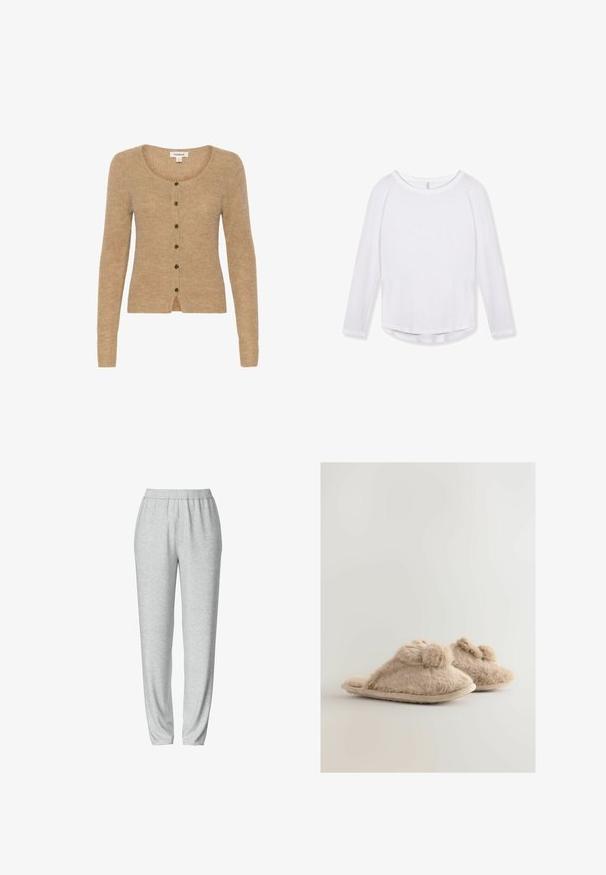 Beige cardigan lavet af blødt strikmateriale. Har en dyb halsudskæring, lange ærmer og seks mørke knapper foran.; Hvid langærmet T-shirt med rund halsudskæring og en let buet kant, vist på en ensfarvet hvid baggrund.; Grå sweatsbukser med elastisk talje, tætsiddende bendesign, blød tekstur og ingen synlige mønstre eller hardware detaljer.; Beige pels-slippers med en blød tekstur, åben tå-design, pom pom-detaljer på forsiden og en neutral farvet sål.
