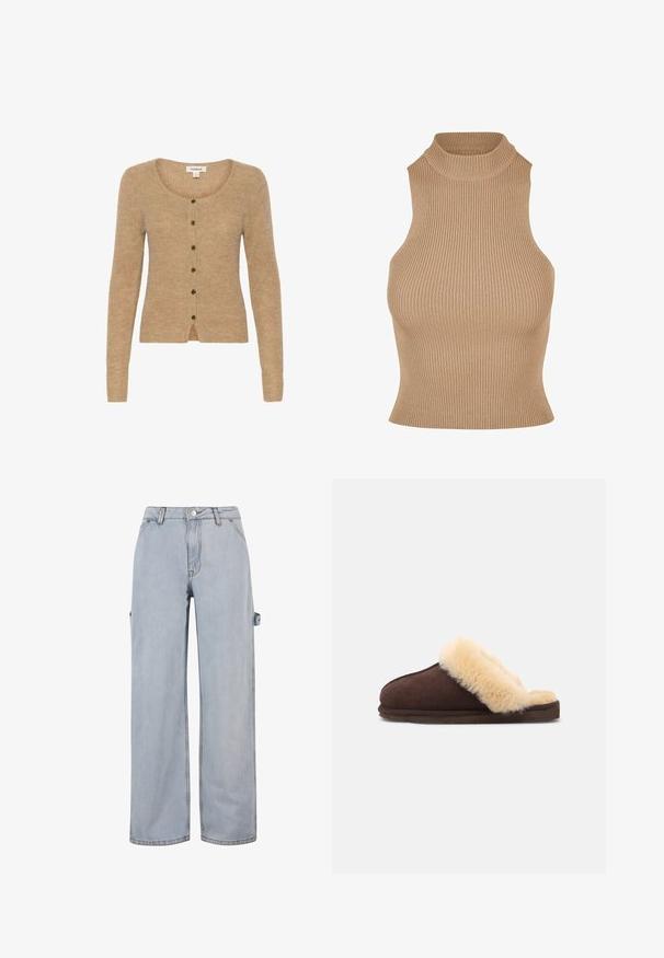 Beige Cardigan aus weichem Strickmaterial. Verfügt über einen runden Ausschnitt, lange Ärmel und sechs dunkle Knöpfe auf der Vorderseite.; Gestreifter, ärmelloser Stricktop in Beige, mit hohem Stehkragen und figurbetontem Design, das Textur und schlanke Silhouette betont.; Hellblaue Denim-Jeans mit weitem Bein, Knopf- und Reißverschluss, Gürtelschlaufen und einem seitlichen Detail an einem Bein. Ohne sichtbare Abnutzungen.; Braune Wildlederschlappen mit einem cremefarbenen Kunstfellfutter, offenem Rückendesign, flacher Sohle und abgerundeter Form für Komfort und Wärme.