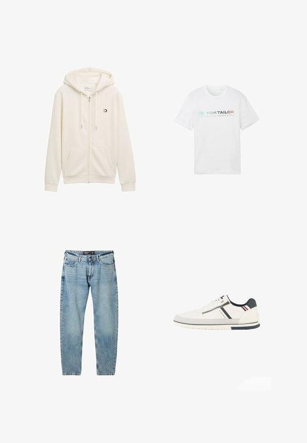 Witte zip-up hoodie gemaakt van zachte stof, met een capuchon, twee voorzakken en een klein zwart logo op de linkerborst.; Witte katoenen t-shirt met een ronde hals, korte mouwen en een voorpandprint: "TOM TAILOR" met "ESSENTIALS SINCE NINETEEN SIXTY-2."; Lichtblauwe denim jeans met een losse pasvorm, vijfzakkenontwerp en contrasterende stiksels. Bevat een knoopsluiting en een rechte pijp.; Witte lage sneaker met zijrits, marineblauwe en rode accenten, een zwart hielstuk en "Tom Tailor" branding langs de zijkant.