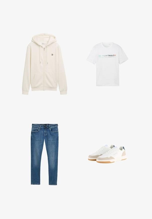 Witte zip-up hoodie gemaakt van zachte stof, met een capuchon, twee voorzakken en een klein zwart logo op de linkerborst.; Witte katoenen t-shirt met een ronde hals, korte mouwen en een voorpandprint: "TOM TAILOR" met "ESSENTIALS SINCE NINETEEN SIXTY-2."; Blauwe spijkerbroek met een rechte pijp, vijf zakken, subtiele wassing op de bovenbenen en een taillebandlabel dat maat 31/32 aangeeft.; Witte sneakers met een gestructureerde mesh bovenkant, beige suède accenten en een gevoerde zool. Bevat veter-sluiting en een blauw logo detail.